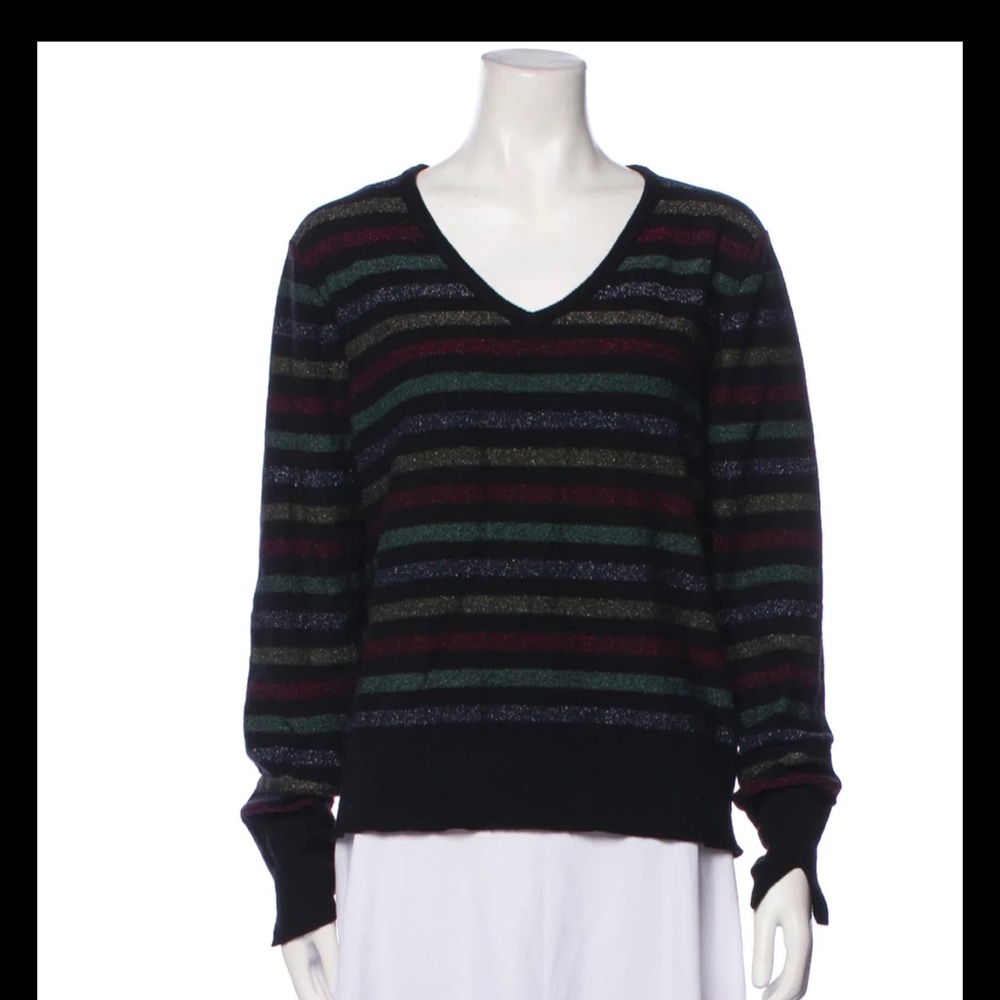 Gerard Darel Cashmere Blend V Neck Sweater Womens Small Black Multicolor Stripe